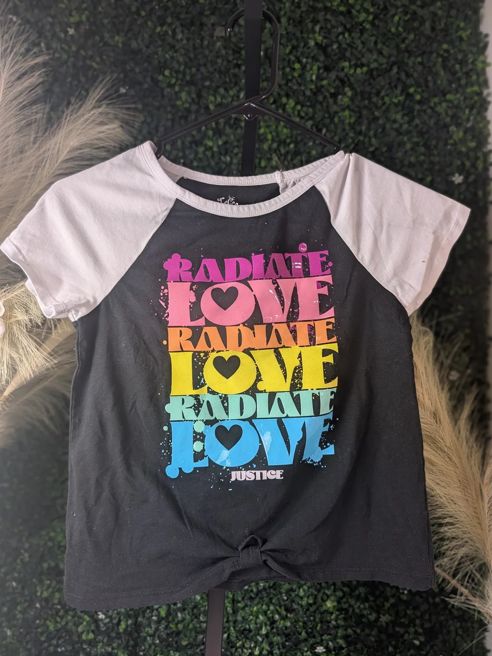 Justice Black Raglan Tee with Pink Yellow Blue Graphic